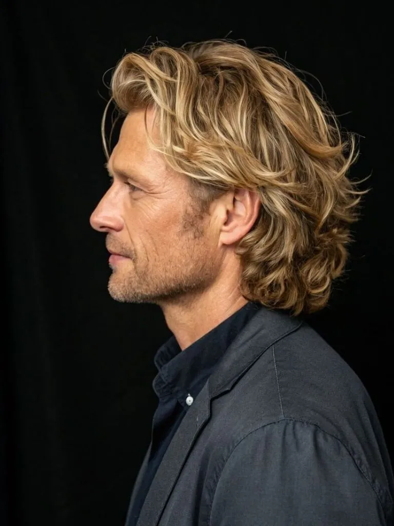 Man with medium wavy hair and a mid fade on the sides
