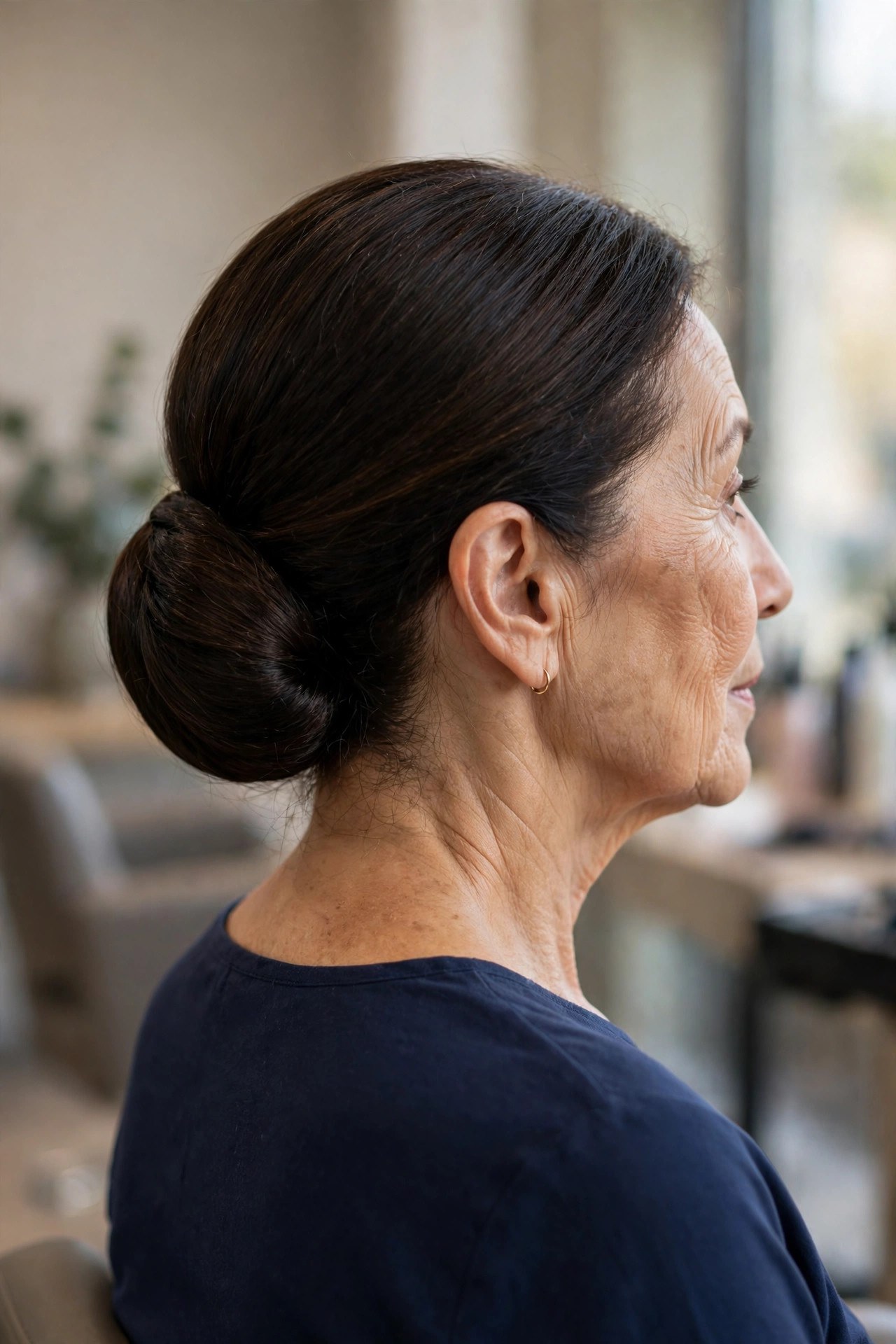 Smooth low chignon coiled at the nape with a clean middle part