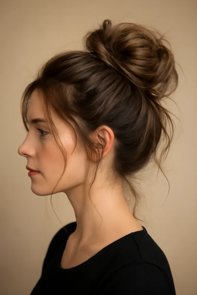 Side profile of a woman with a messy textured top bun and loose face-framing strands