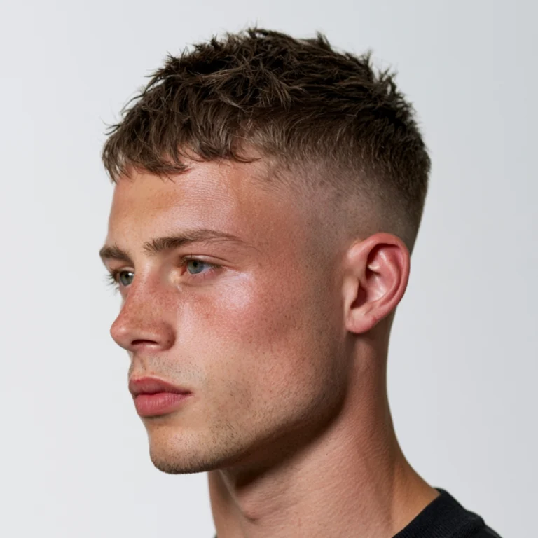 Man with a messy crew cut and drop fade