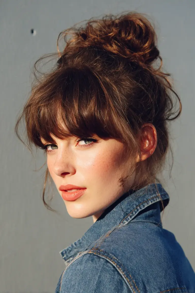 Messy high top bun with curtain bangs