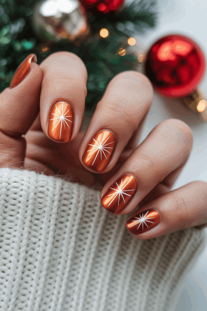 Short rounded metallic copper nails with fine white starburst line art