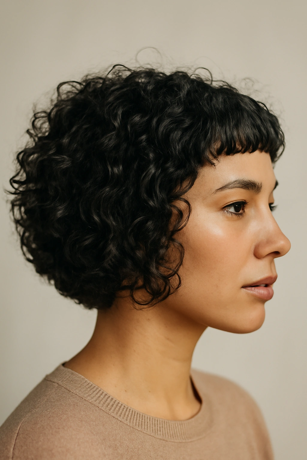 Curly angled bob with micro fringe