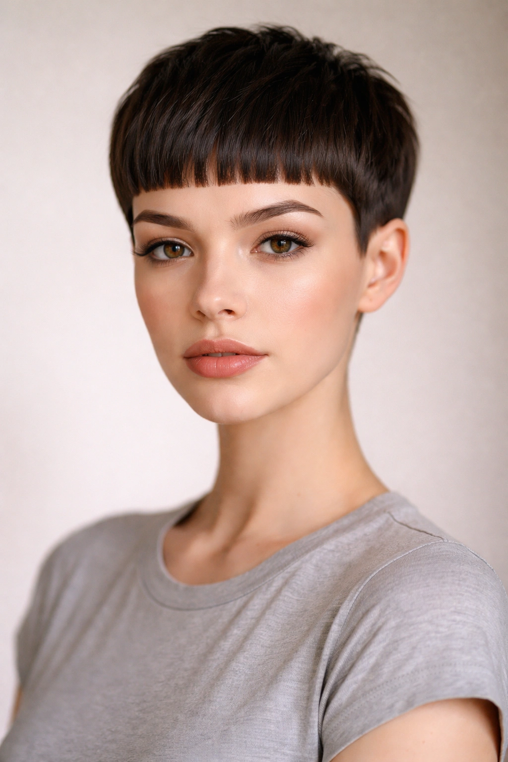 Woman with a pixie cut and short micro bangs