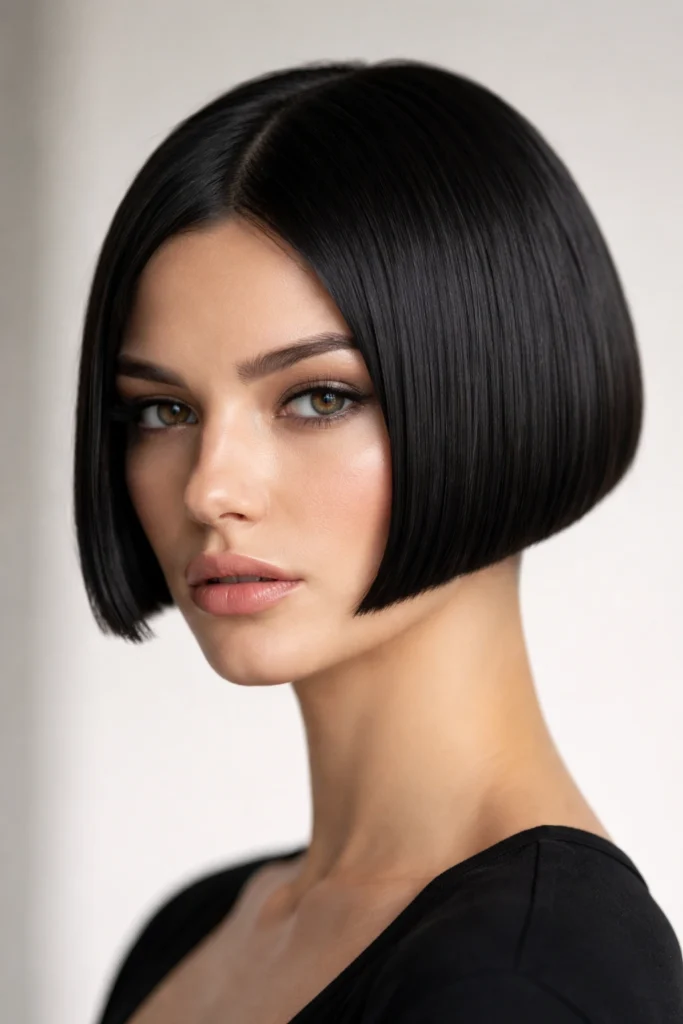 Glassy black micro bob with a precise center part