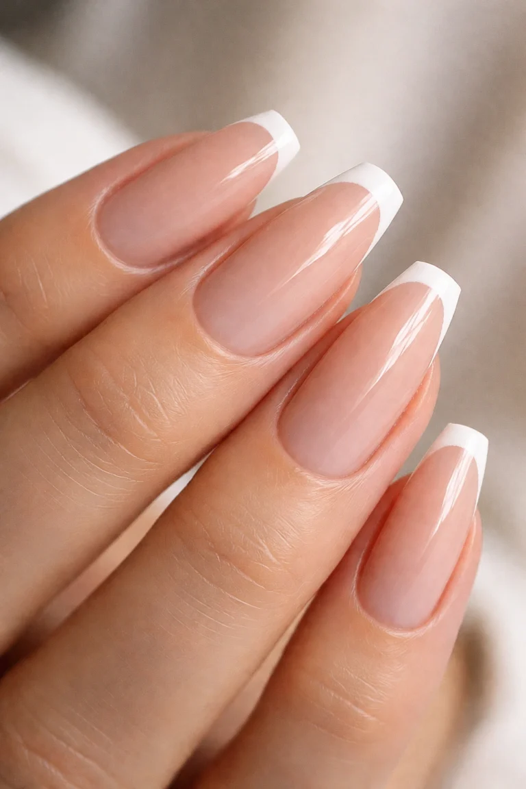 Classic nude French manicure on almond nails