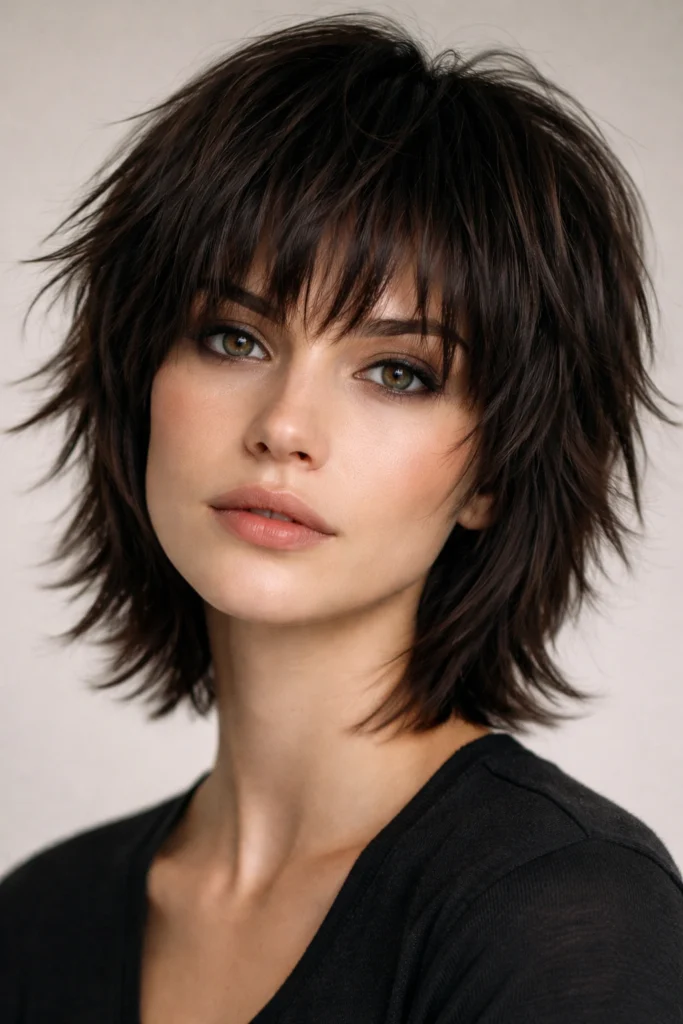Dark shaggy haircut with choppy bangs