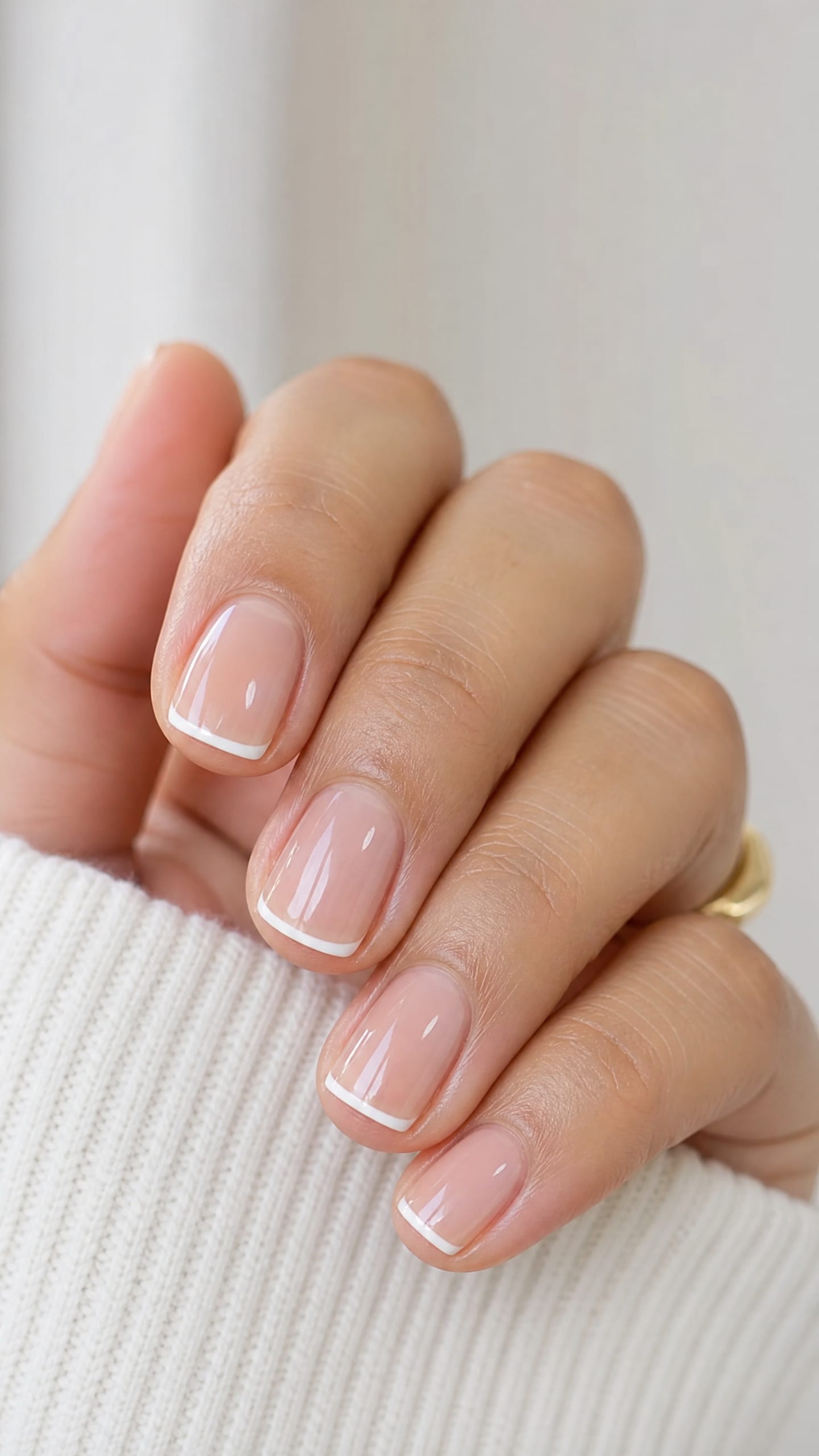 Short nude pink nails with delicate micro French tips