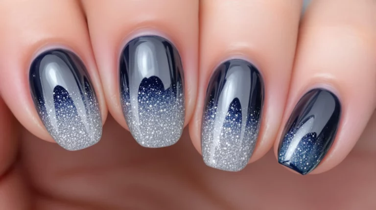 Midnight blue nails fading into silver glitter ombre