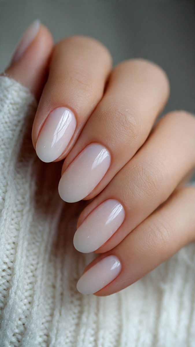 Sheer milky white glossy manicure close-up