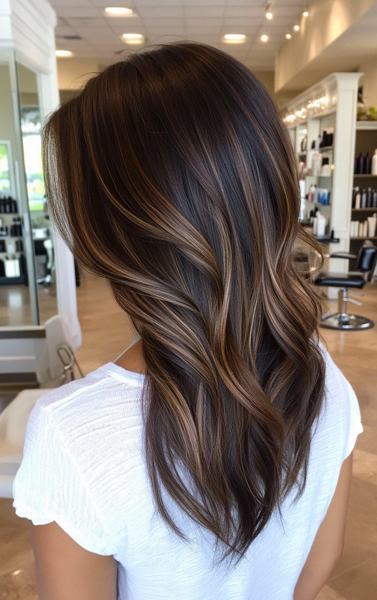 Mocha espresso hair with caramel highlights