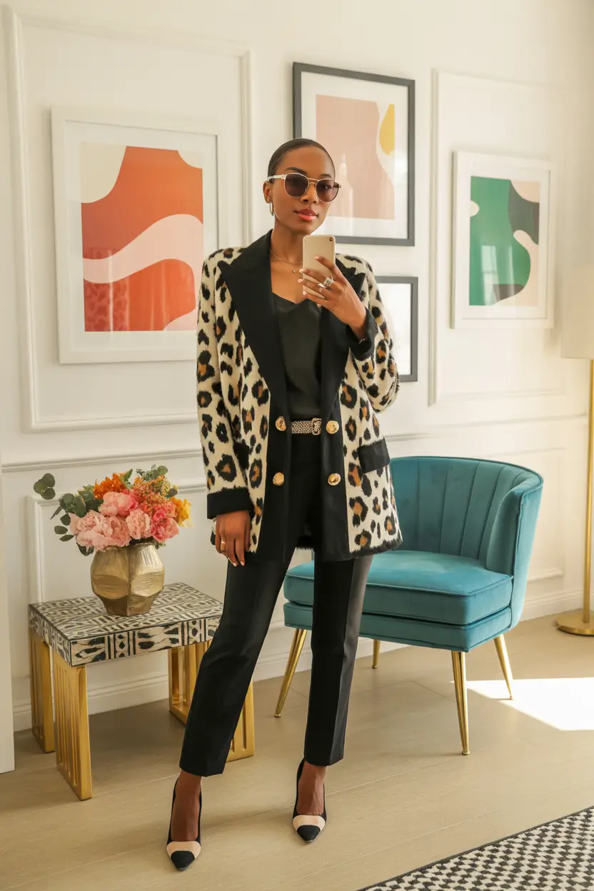 Leopard coat styled with black tailored trousers for a modern office outfit