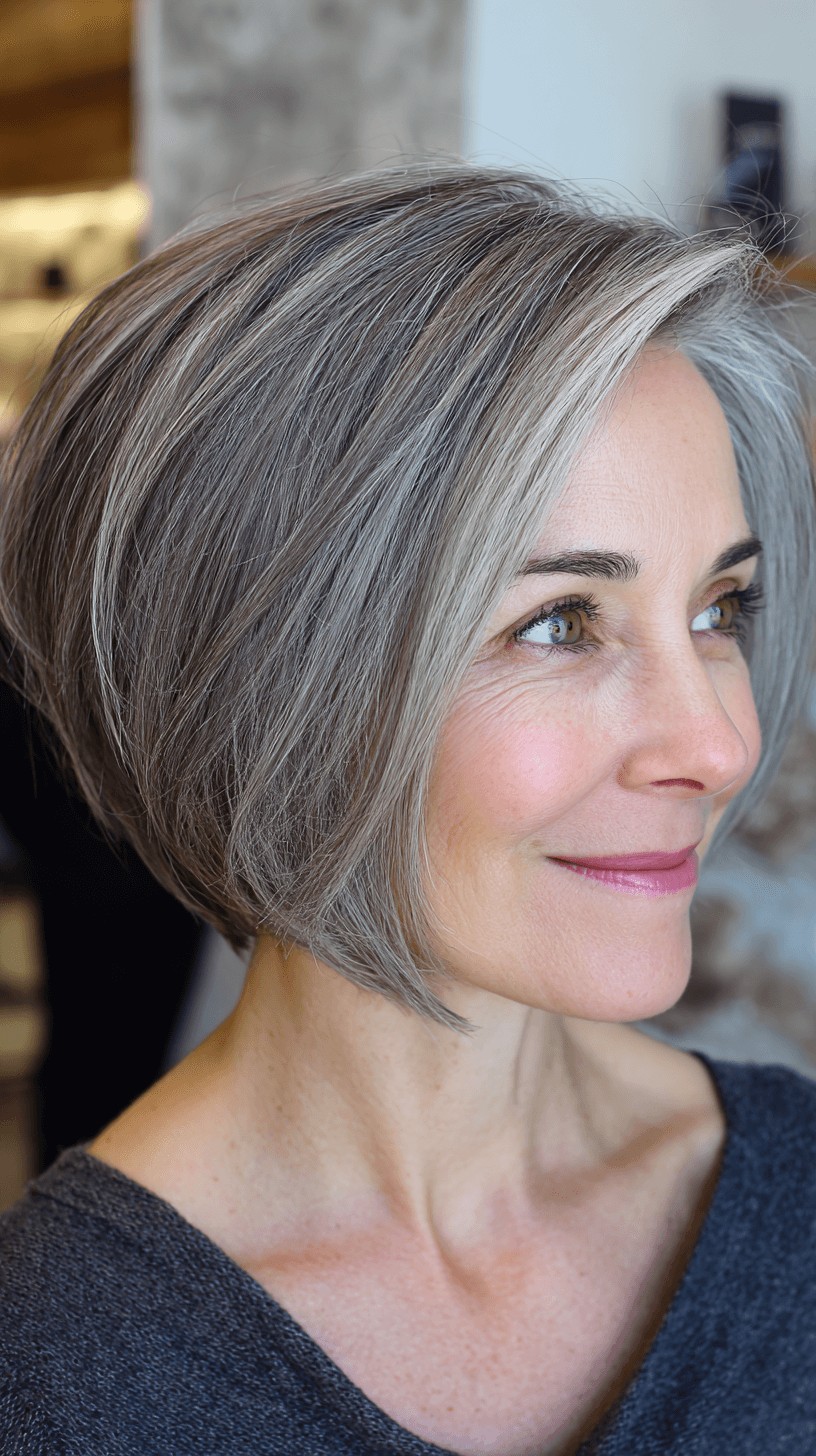 Older woman with a sleek stacked silver bob and a deep side part