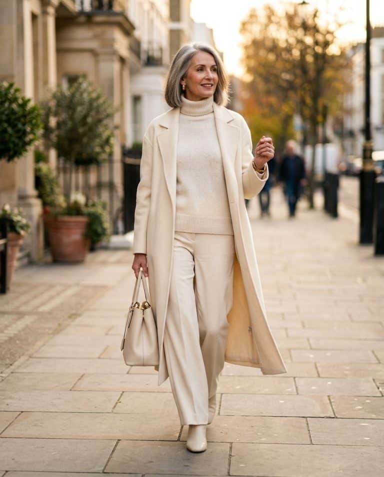 Woman in a monochrome cream winter outfit, head to toe in soft beige tones