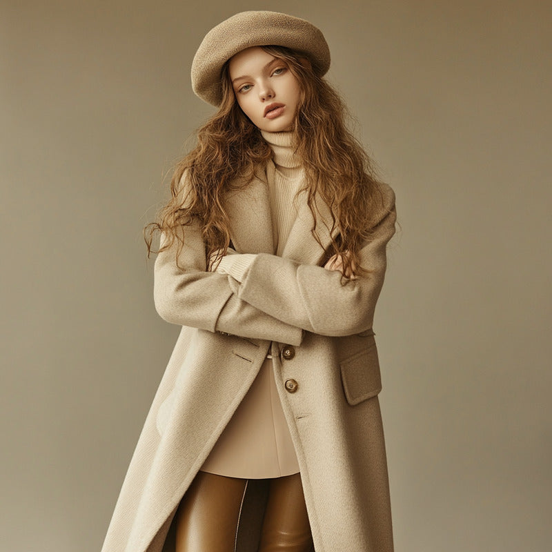 Woman wearing a camel beret with a camel wool coat and turtleneck