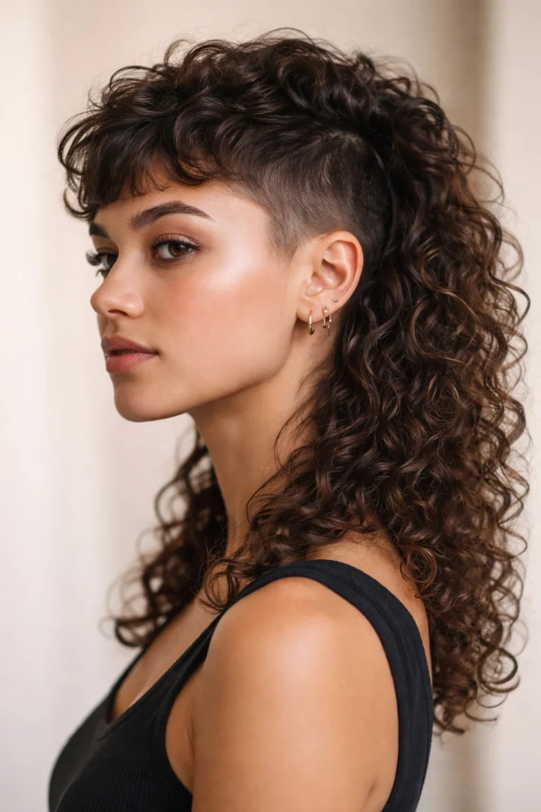 Bold curly mullet haircut with short top and long back