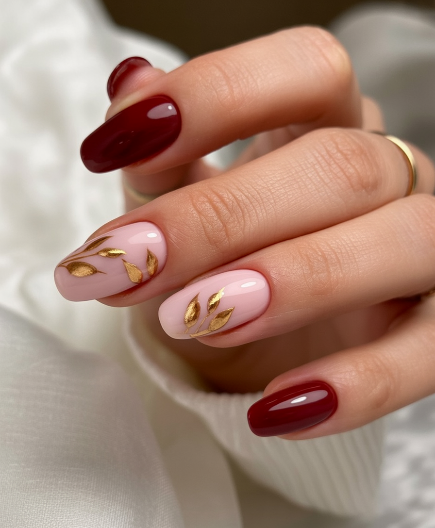 Deep red nails with gold leaf accents