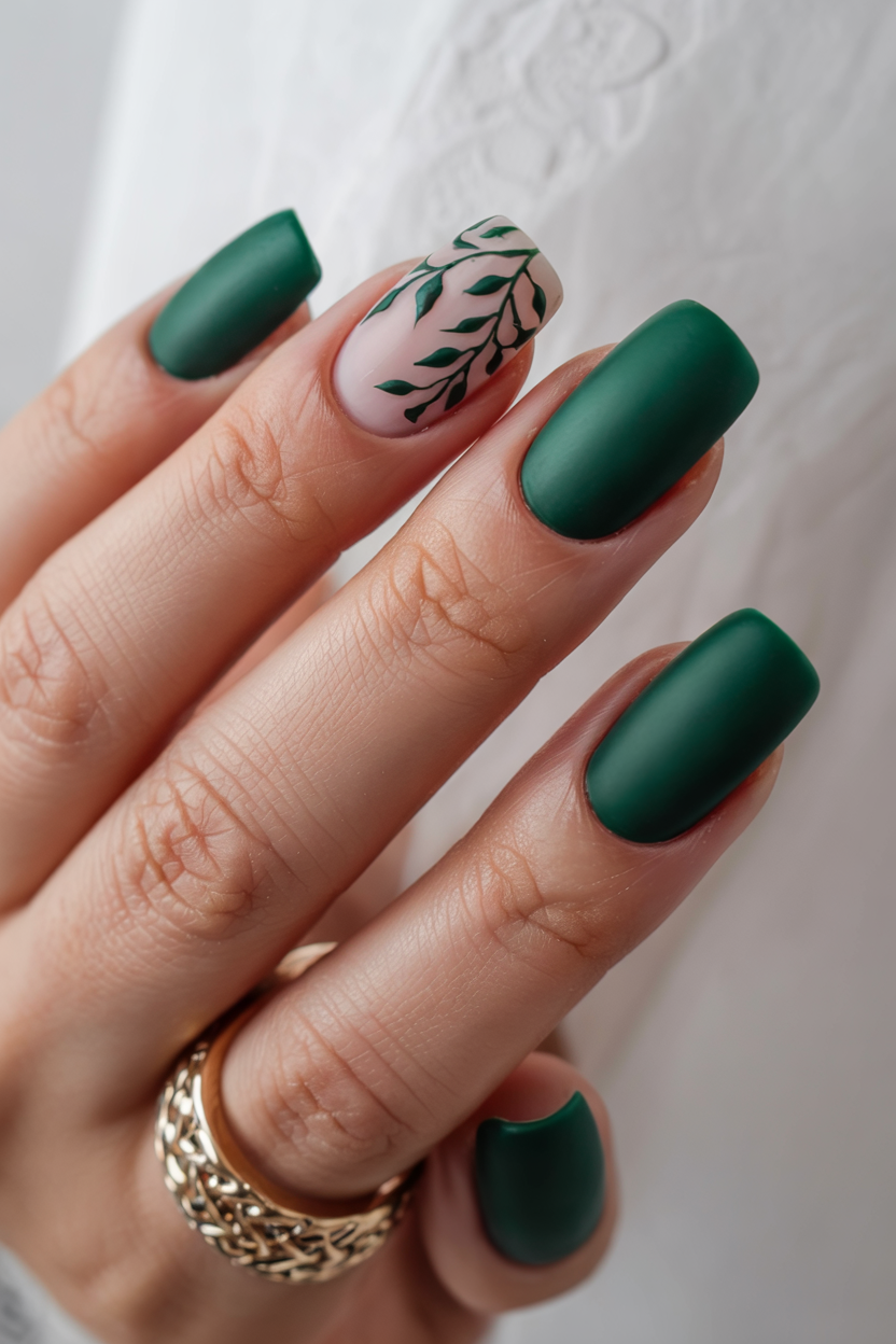 Deep forest green matte square nails