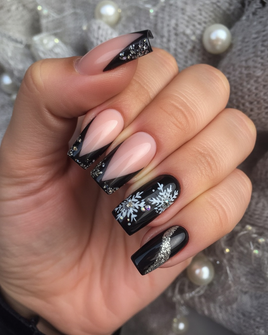 Black glitter French tip nails with white snowflake accents
