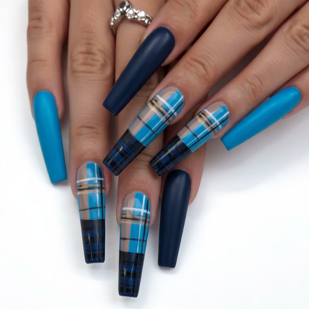 Navy blue plaid tartan nail art