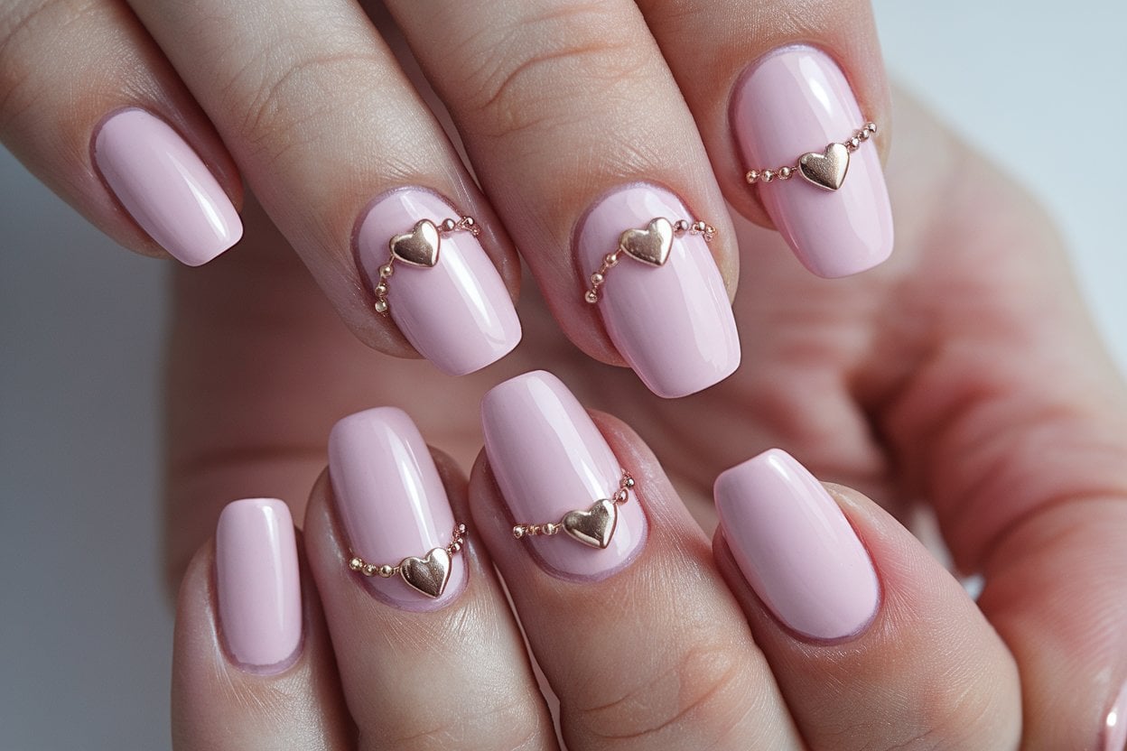 Nude nails decorated with small heart nail art designs