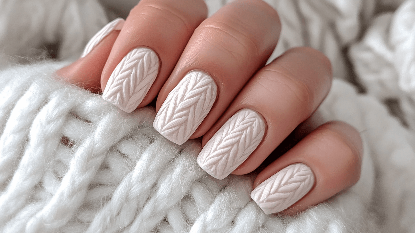 White nails with cozy 3D cable-knit sweater texture next to a knit sleeve.