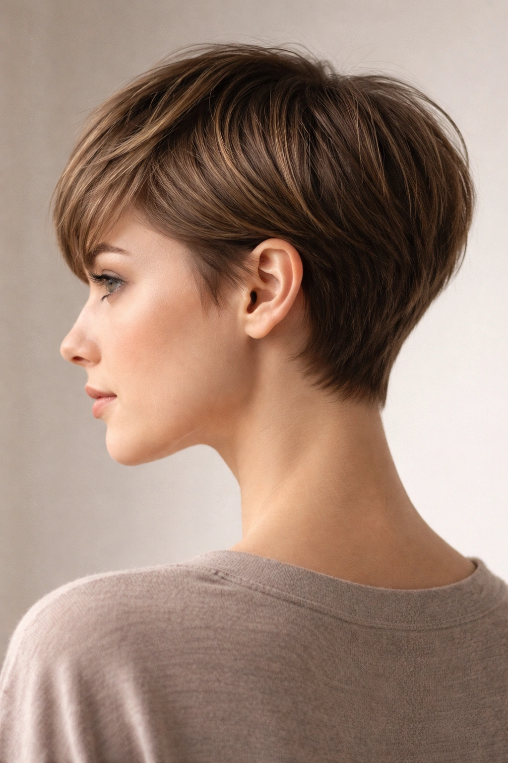 Layered pixie haircut with longer top and tapered nape length