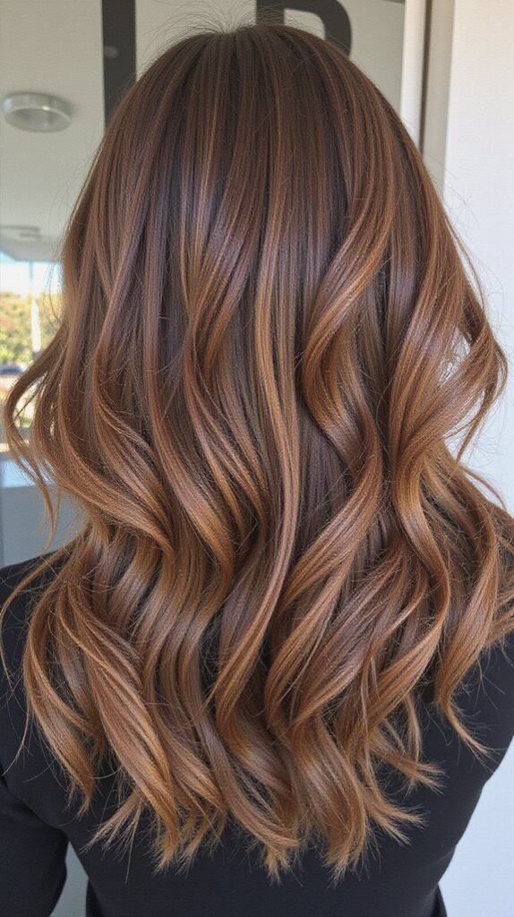 Long sleek wavy chestnut brown hair with fine golden babylights
