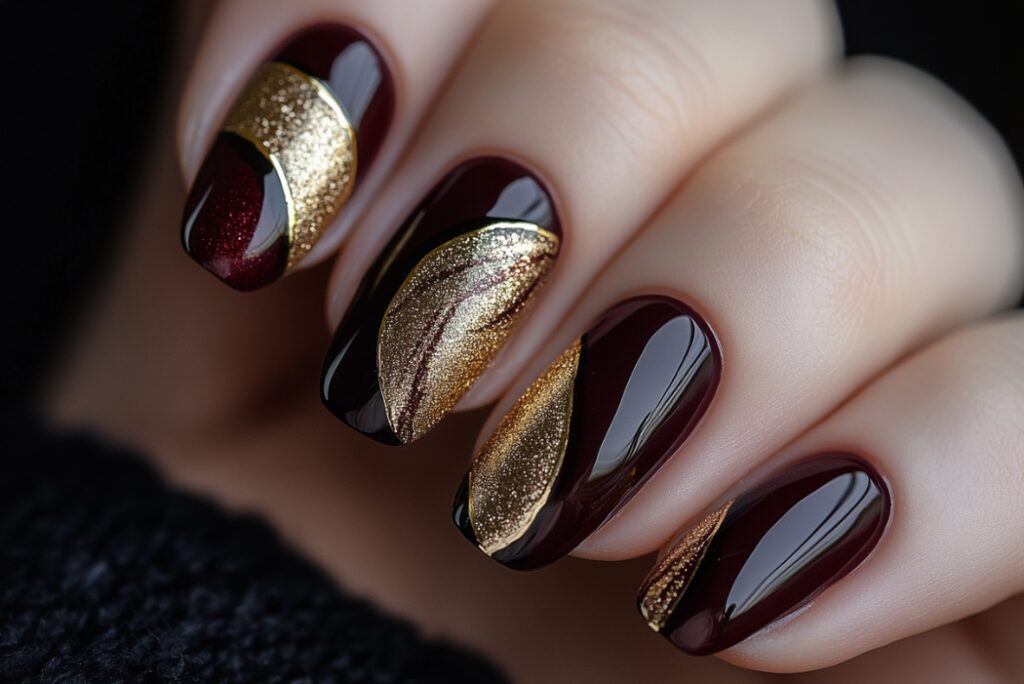 Almond nails in deep burgundy with bold curved gold glitter accents