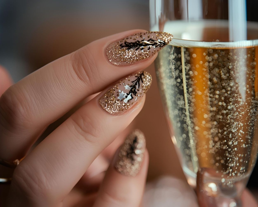 Champagne gold shimmering New Year's Eve nail design