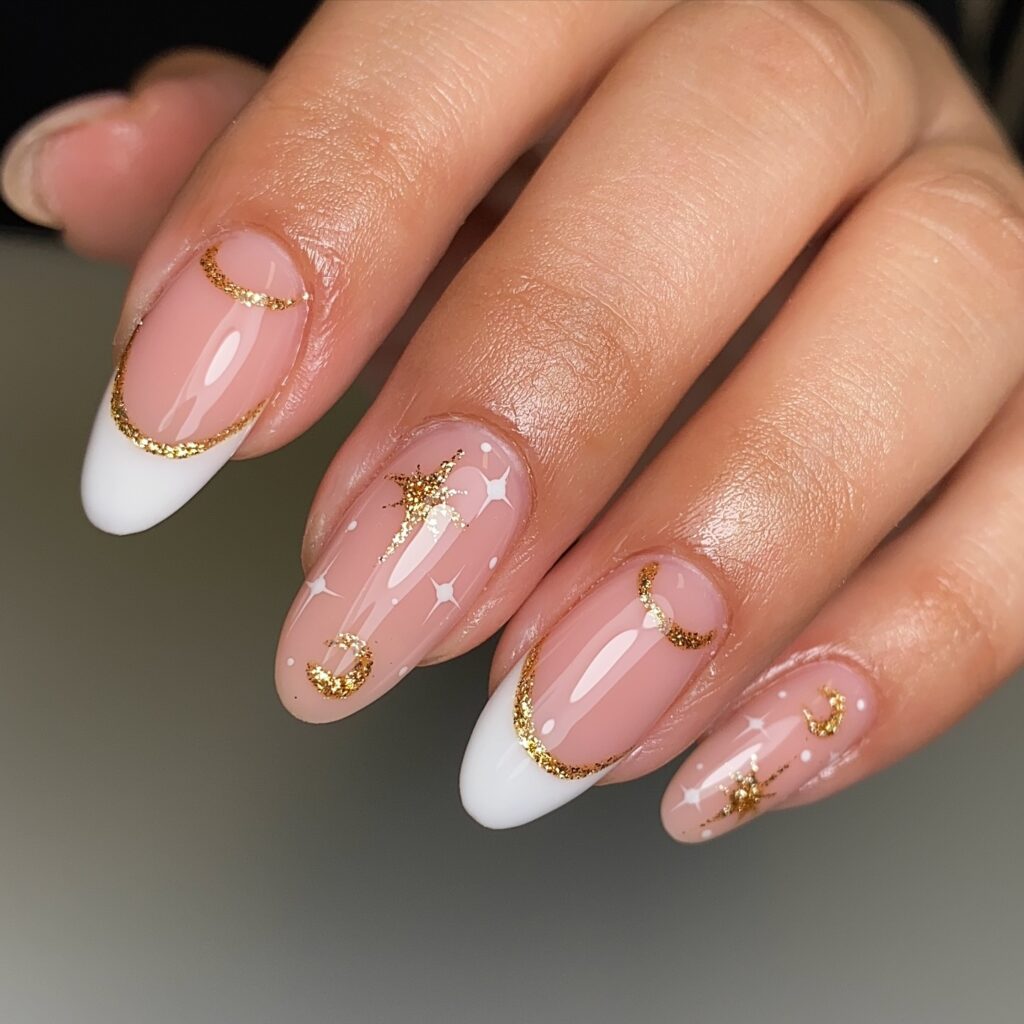 Nude almond nails with gold glitter celestial star art and gold-edged French tips