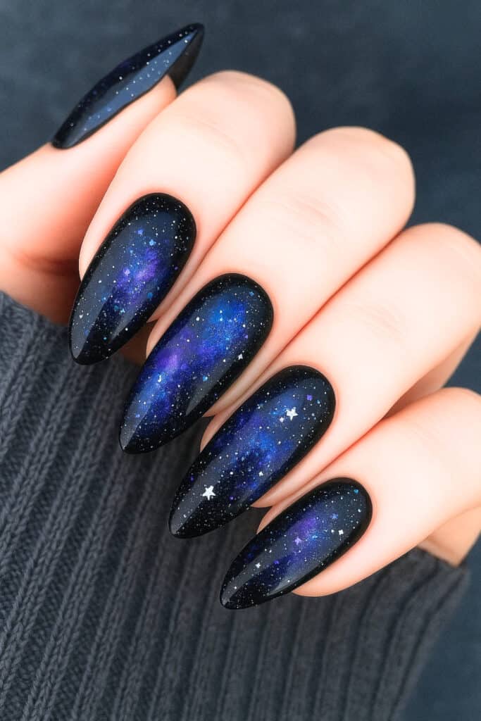 Long almond nails with midnight blue galaxy and star nail art