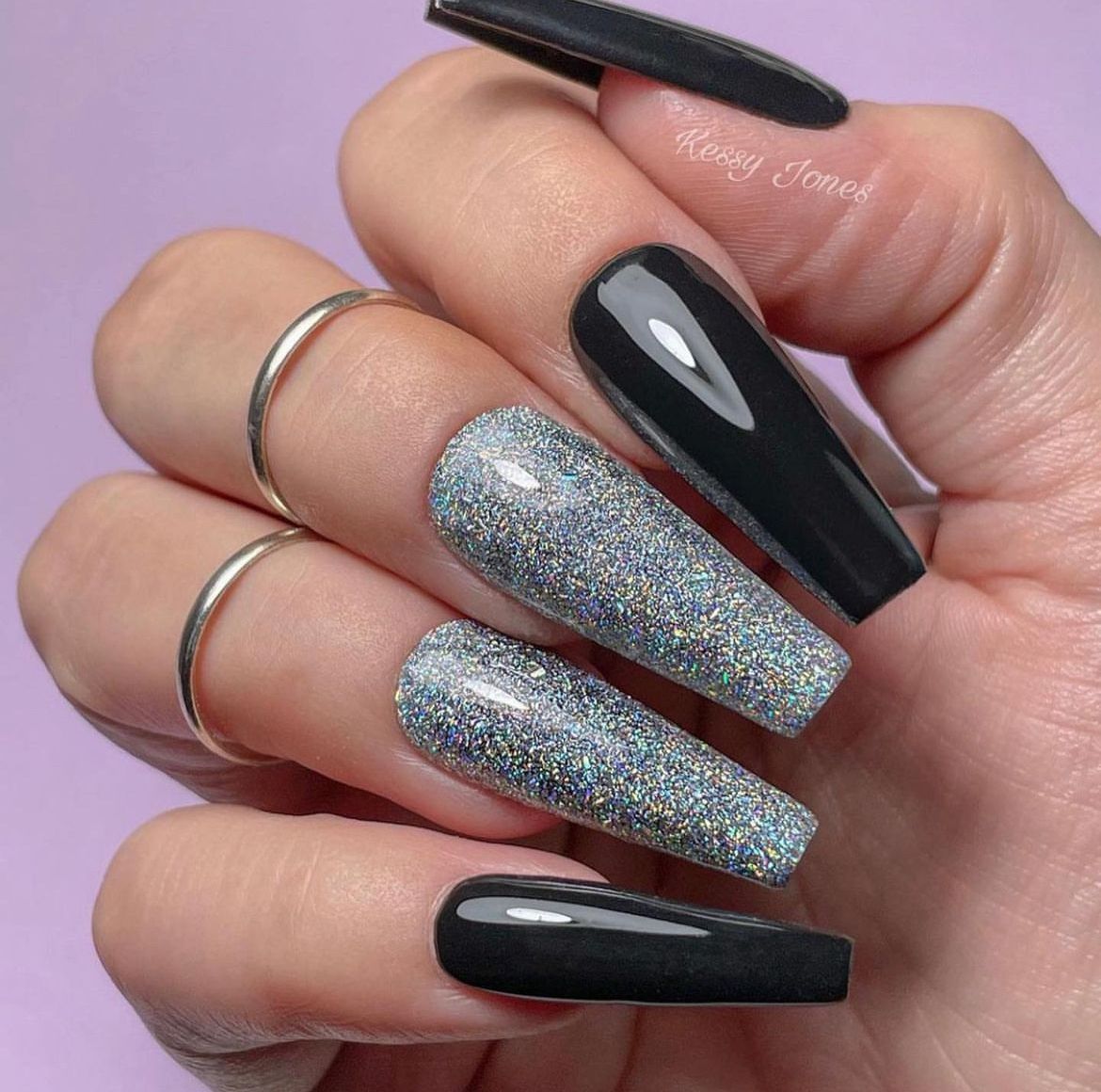Long coffin nails with silver holographic glitter