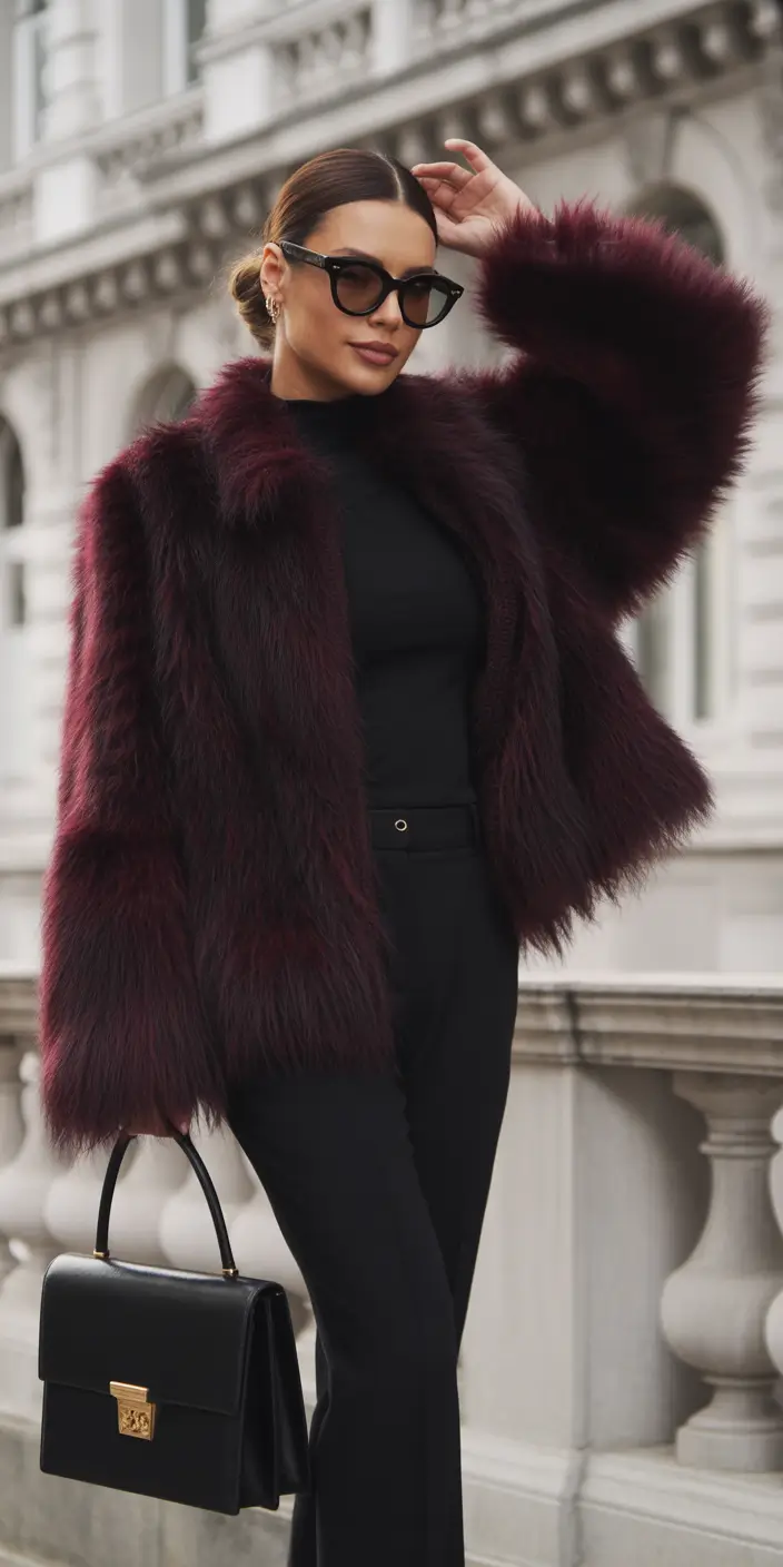 Woman wearing a burgundy faux fur coat over an all-black turtleneck and trousers