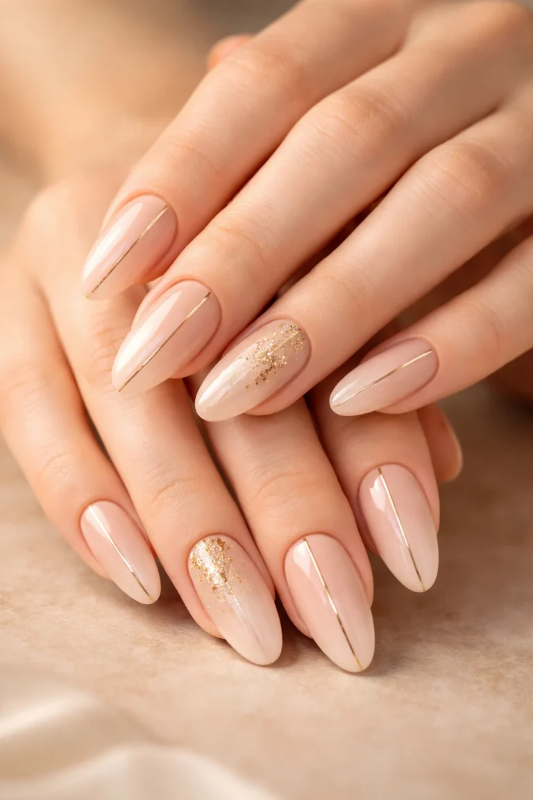 Sheer nude almond nails with a thin gold stripe and gold glitter accents