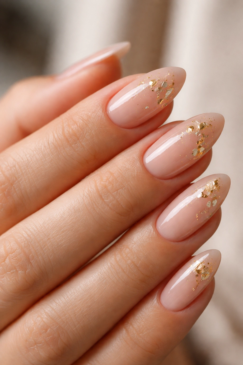Almond-shaped nude nails decorated with scattered gold foil flecks