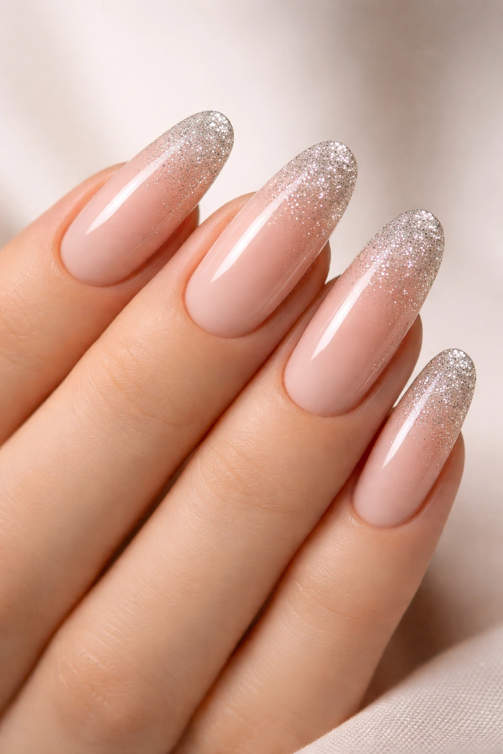 Almond nude nails with silver glitter fading from the tips