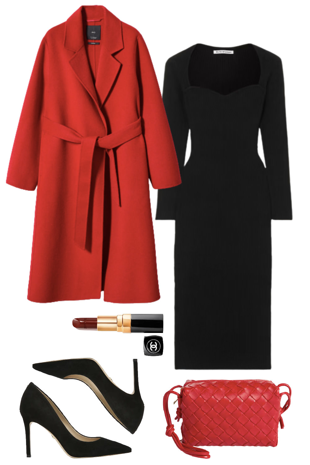 Flat lay of a red belted wrap coat, black ribbed midi dress, black pumps, red woven crossbody bag and dark red lipstick