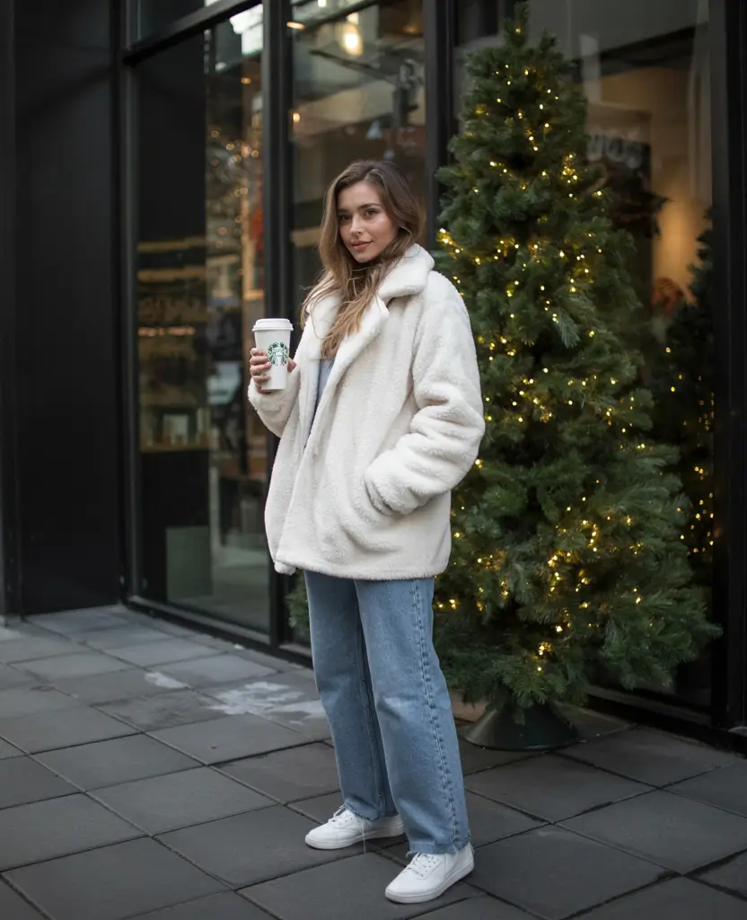 Cream sherpa jacket worn open over jeans with white sneakers