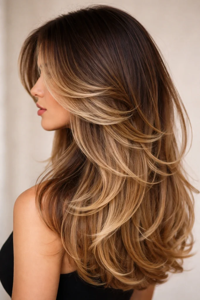 Deep brunette hair with a golden blonde money piece framing the face