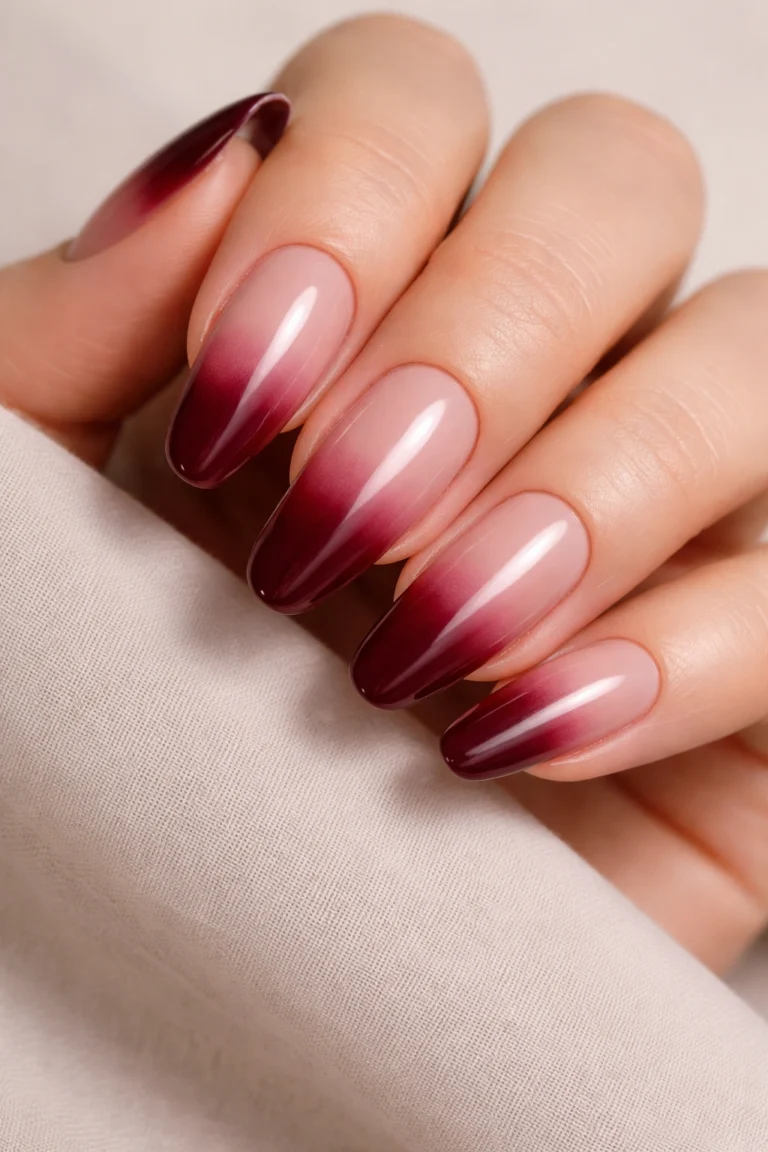 Almond nails with deep cherry-red ombre tips fading into a nude base