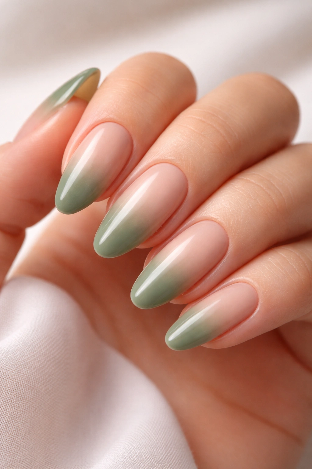 Oval nails fading from a cream-nude base into muted sage green tips with a glossy finish