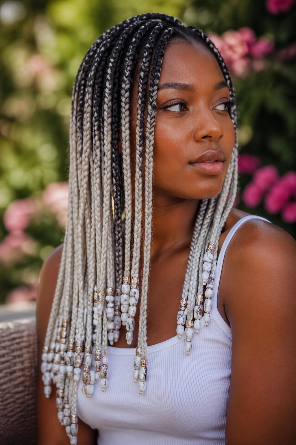 Ombre black-to-white box braids with stacked beads at the ends