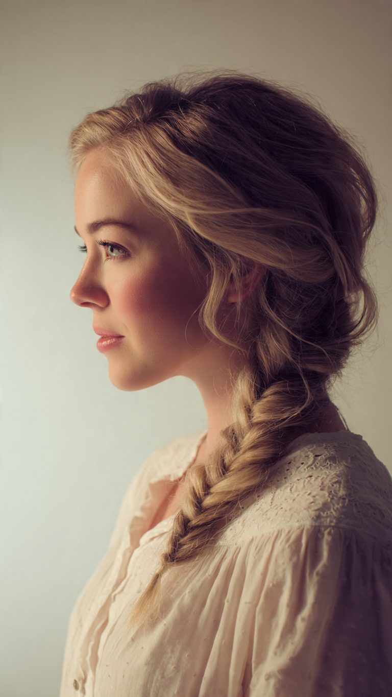 Blonde fishtail braid draped over one shoulder