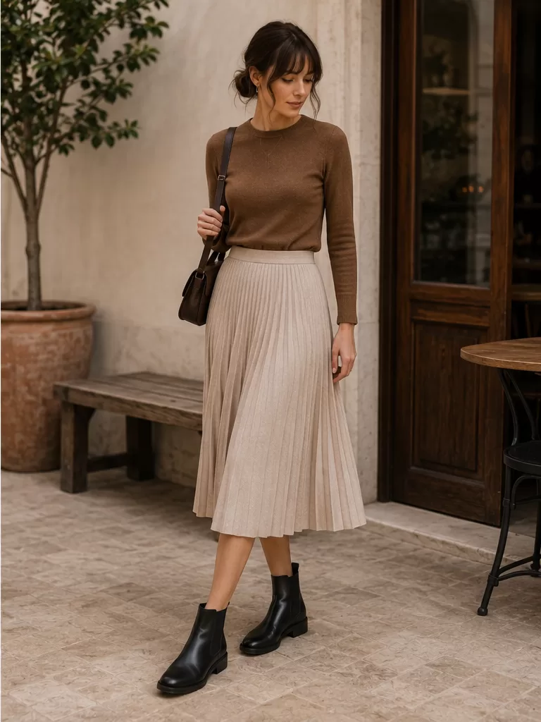 Woman in a camel sweater, pleated beige midi skirt and black chelsea boots