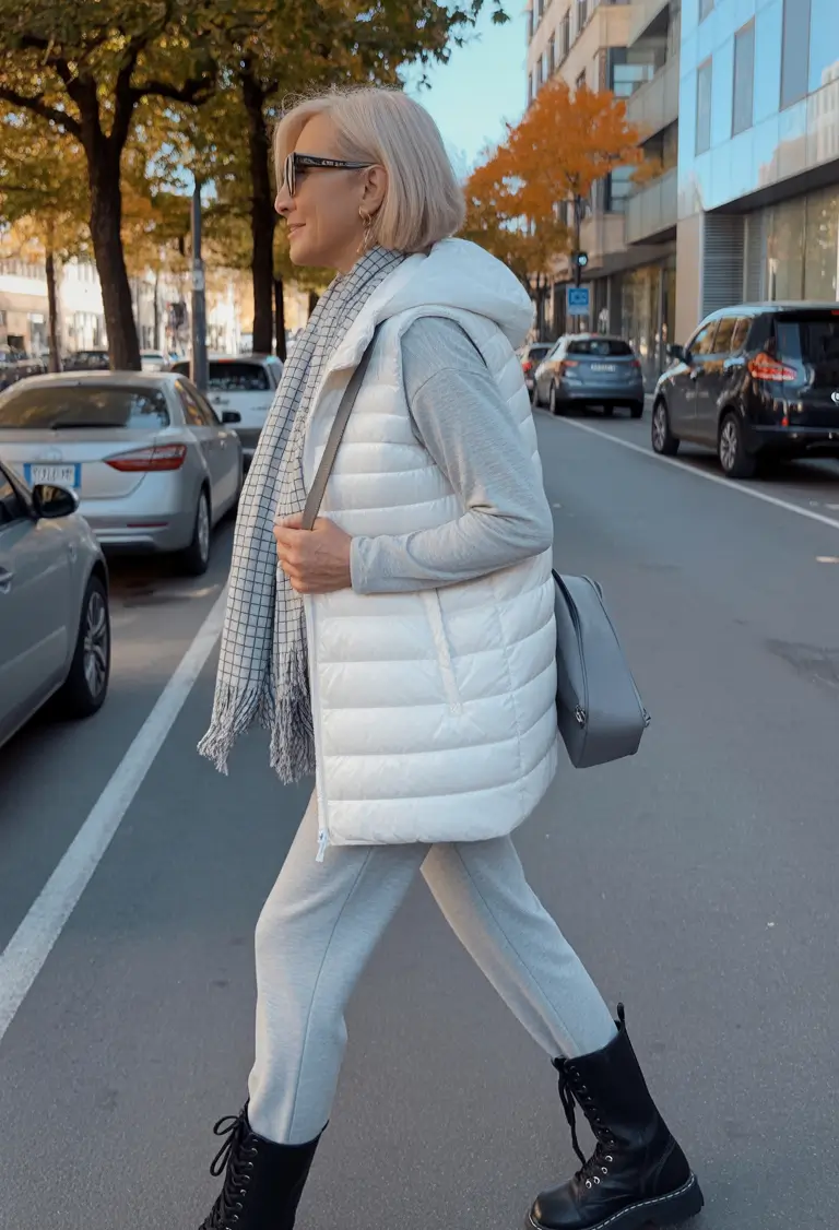 Woman in a black puffer vest layered over a turtleneck