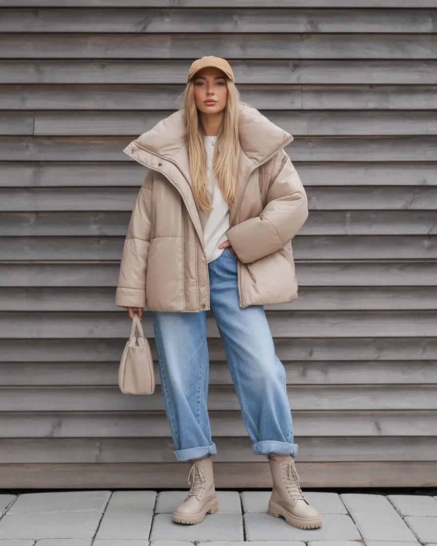 Woman in a cream puffer jacket with an ivory knit and white sneakers in winter