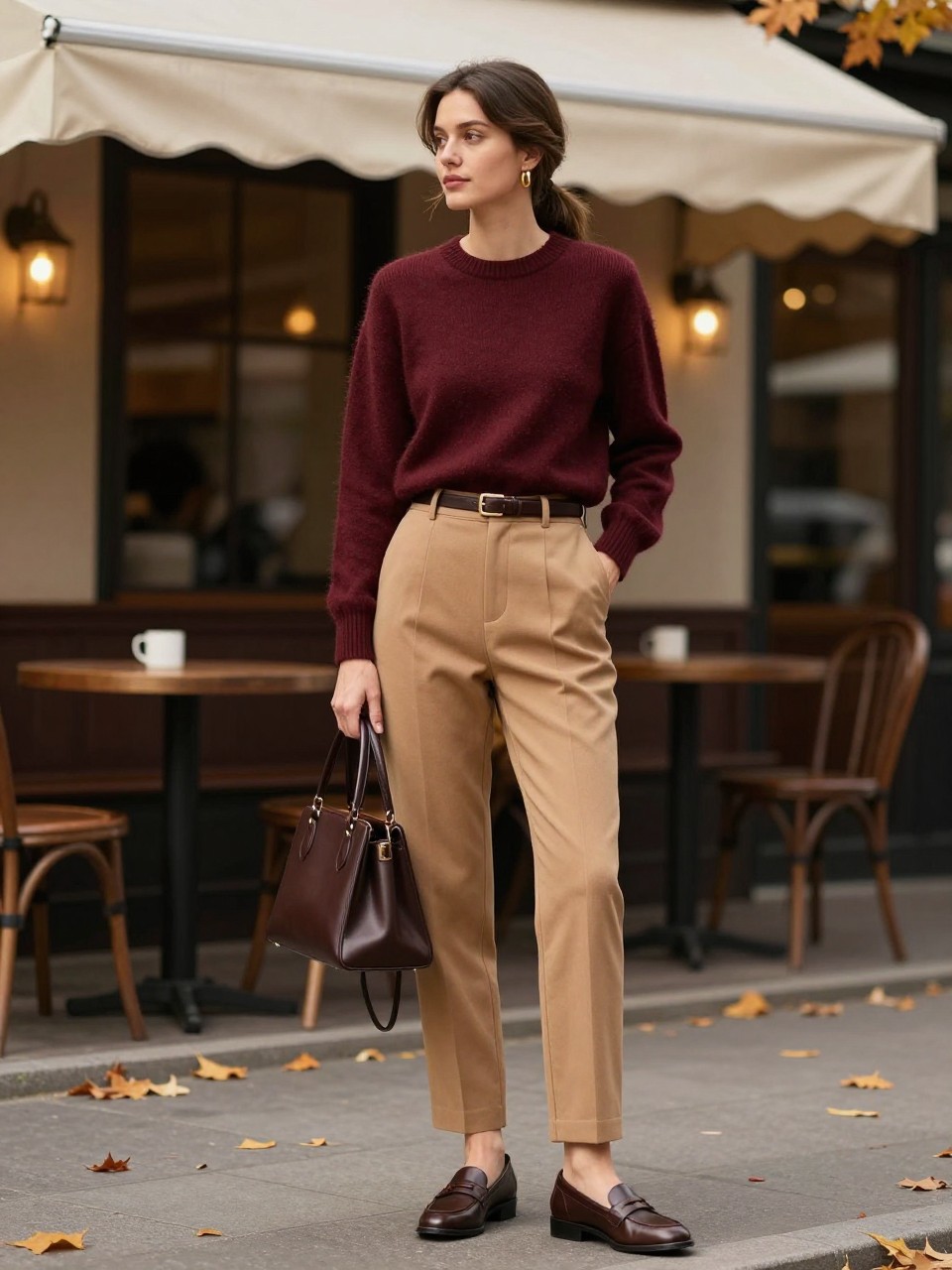 Woman in a burgundy knit sweater with camel trousers outside a cafe