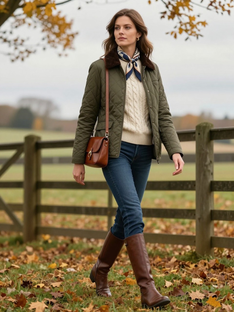 Woman wearing an olive quilted jacket with cream cable knit, silk scarf and brown riding boots