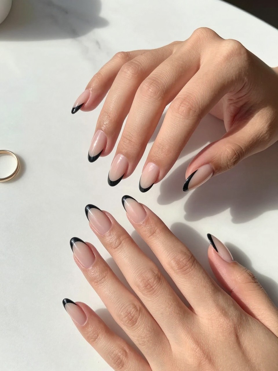 Sheer nude base with black French tips